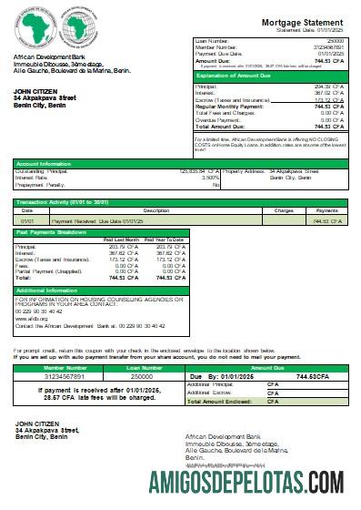Declaração de hipoteca do Banco Africano de Desenvolvimento do Benin Scr baixar para verificação